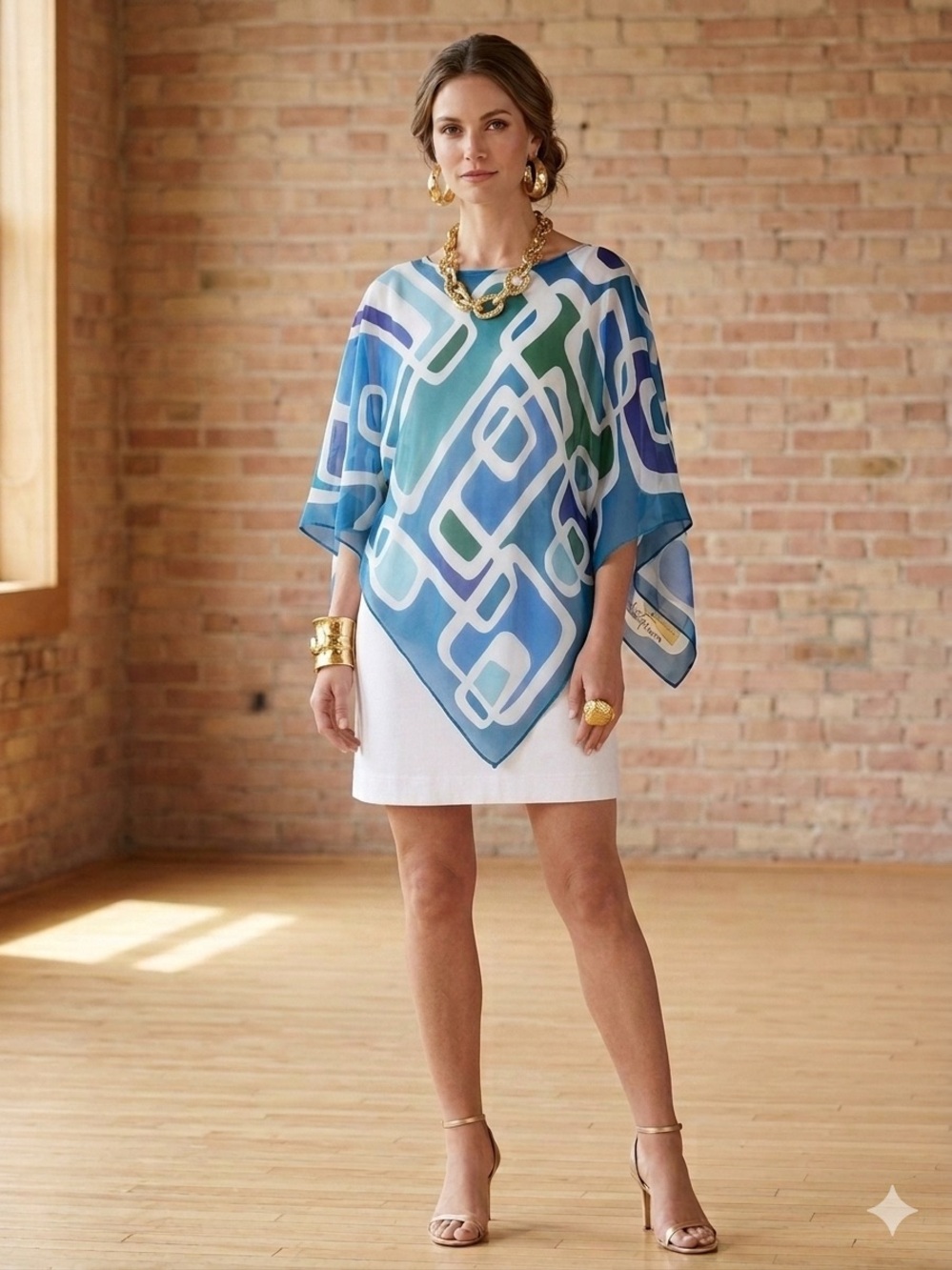 Lesley Evers White Midi Dress with Blue Geometric Chiffon Scarf Overlay